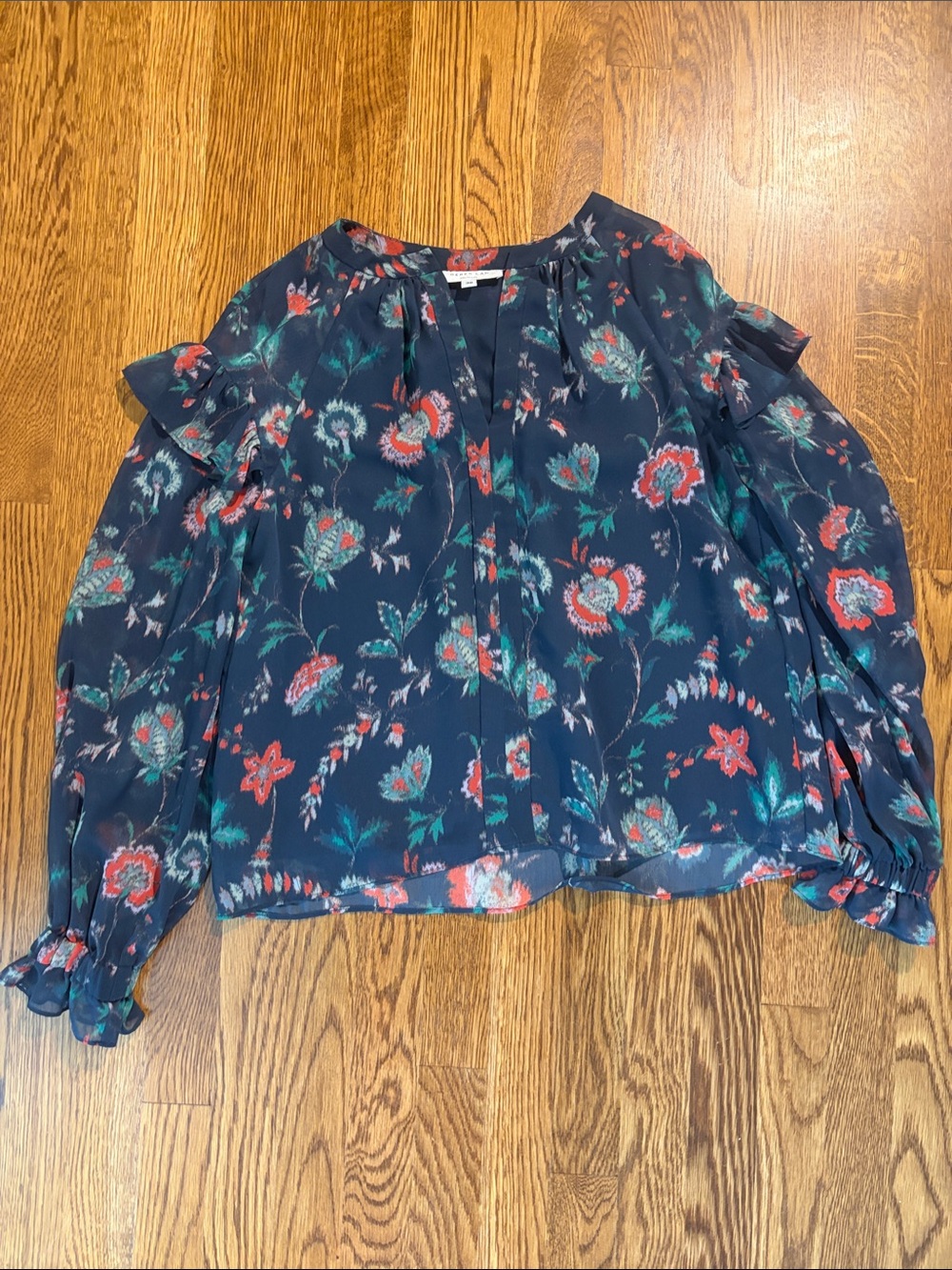 Derek Lam Navy Floral Cold-Shoulder Blouse with Red and Teal Accents